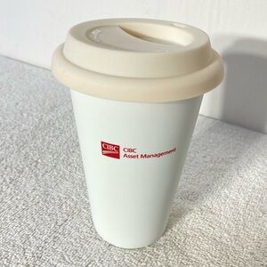 CIBC White Ceramic Travel Coffee Cup With Silicone Lid NEW